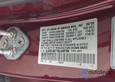 2008 Honda Cr-V Ex-L z USA, uszkodzony, nr VIN 5J6RE48718L048788